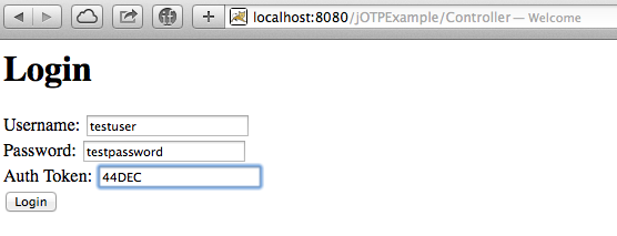 Login page prompting for OTP token